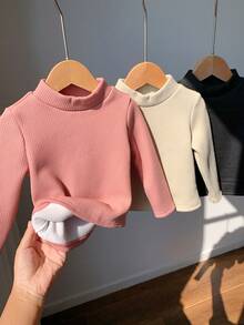 3件套女婴纯色针织荷叶边长袖上衣，加厚保暖内衬，适合秋冬季穿着 - 彩色 - 查看 1