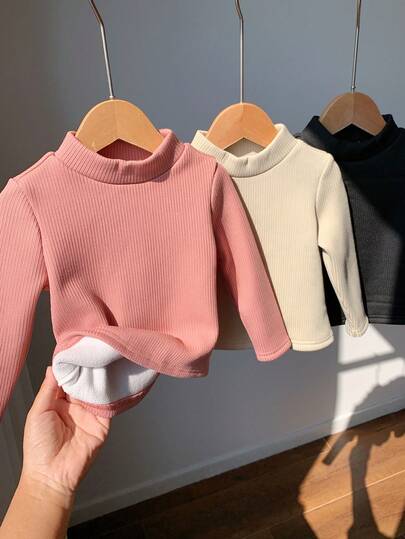 3件套女婴纯色针织荷叶边长袖上衣，加厚保暖内衬，适合秋冬季穿着