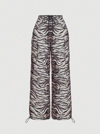 SHEIN MOD Women's Tiger Stripe Cargo Pants, Straight Leg Casual Trousers For Women,Jogger Casual Pants,Chic, Drawstring Pants, Animal Print Pants, Zebra Pants