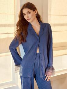MOTF PREMIUM WOMEN'S SPRING/AUTUMN PATCHWORK SHEER MESH RUFFLE SLEEVE TEXTURED FABRIC LAPEL COLLAR LONG SLEEVE TOP AND FLARE LEG PANTS PAJAMA SET - Blue - View 5
