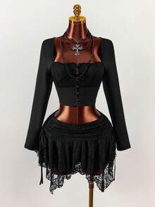 Amplova Vintage Black Autumn Goth 2-Piece Set,Square Collar Lace Semi-Sheer Mushroom Button Long Sleeve Top & Asymmetrical Double Layer Skirt Night Out Club - Black - View 1