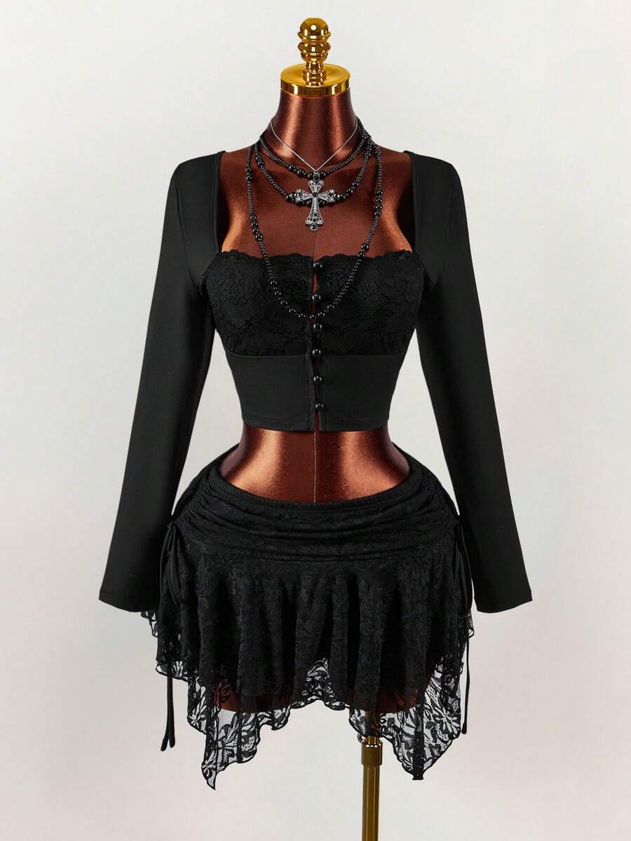 Amplova Vintage Black Autumn Goth 2-Piece Set,Square Collar Lace Semi-Sheer Mushroom Button Long Sleeve Top & Asymmetrical Double Layer Skirt Night Out Club - Black - View 1