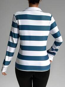 Dewbera 女士条纹长袖休闲健身运动Polo衫 - 彩色 - 查看 2