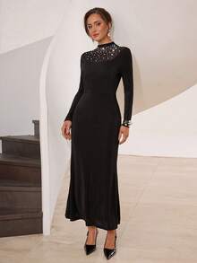 Modelyn Women's Long Sleeve Rhinestone Embellished Dress - Black - View 5