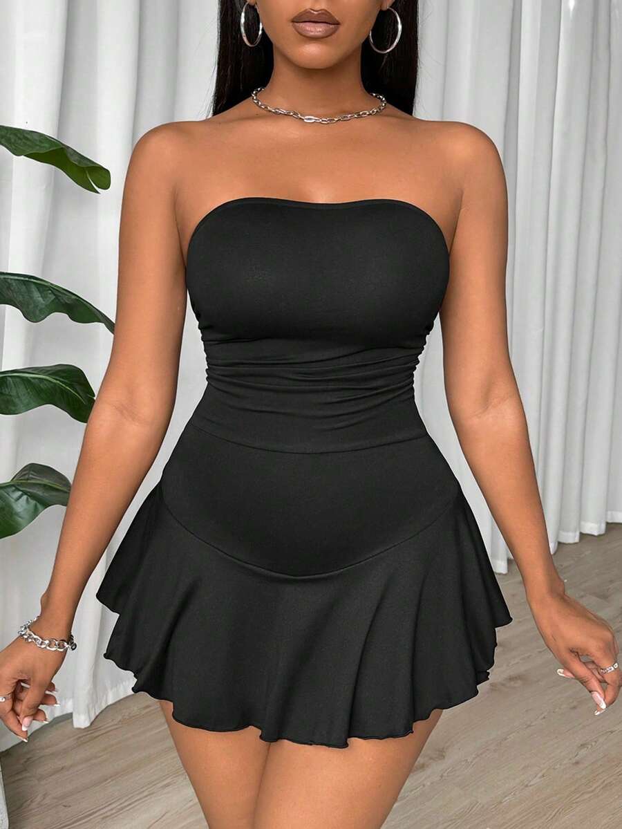 VaVaBold 女士純色簡約無肩跨條連體褲，荷葉邊裝飾，適合日常穿著 - 黑色 - 查看 1