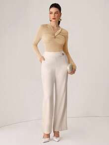 Modelyn Metal Buckle V-Neck Pleated Long Sleeve Elegant Fitted T-Shirt - Champagne - View 7
