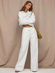 SHEIN BAE Quần jean ống rộng dáng rộng đơn giản, nhiều màu, dáng suông, cạp chun, thời trang đường phố dành cho nữ - trắng - Xem 4