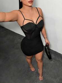 SHEIN SXY Schwarzes Mesh sexy Bustier Bodycon Kleid - Schwarz - Übersicht 4