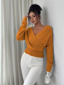 SHEIN Elenzya Áo len dệt kim dài tay hở lưng cổ chữ V màu trơn cho nữ - trái cam - Xem 3