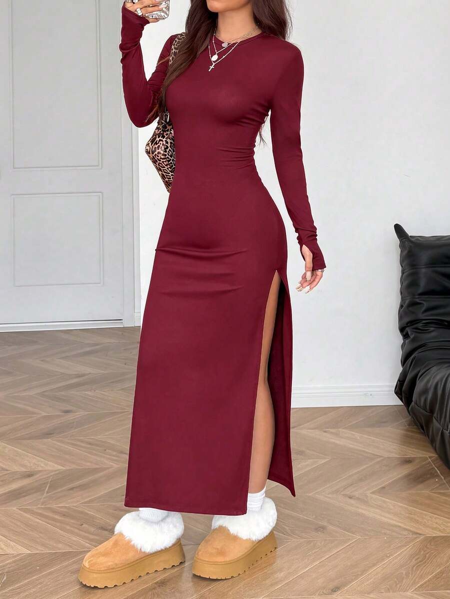 SHEIN EZwear 酒紅色圓領長袖開衩修身洋裝，秋季婚禮晚宴賓客女款性感禮服 - 酒紅色 - 查看 1