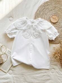 SHEIN Vintaside Kids Girls' White Lace Collar Short Sleeve Blouse, Fashionable Versatile Casual Shirt, Comfortable And Stylish For Daily Wear - White - View 1
