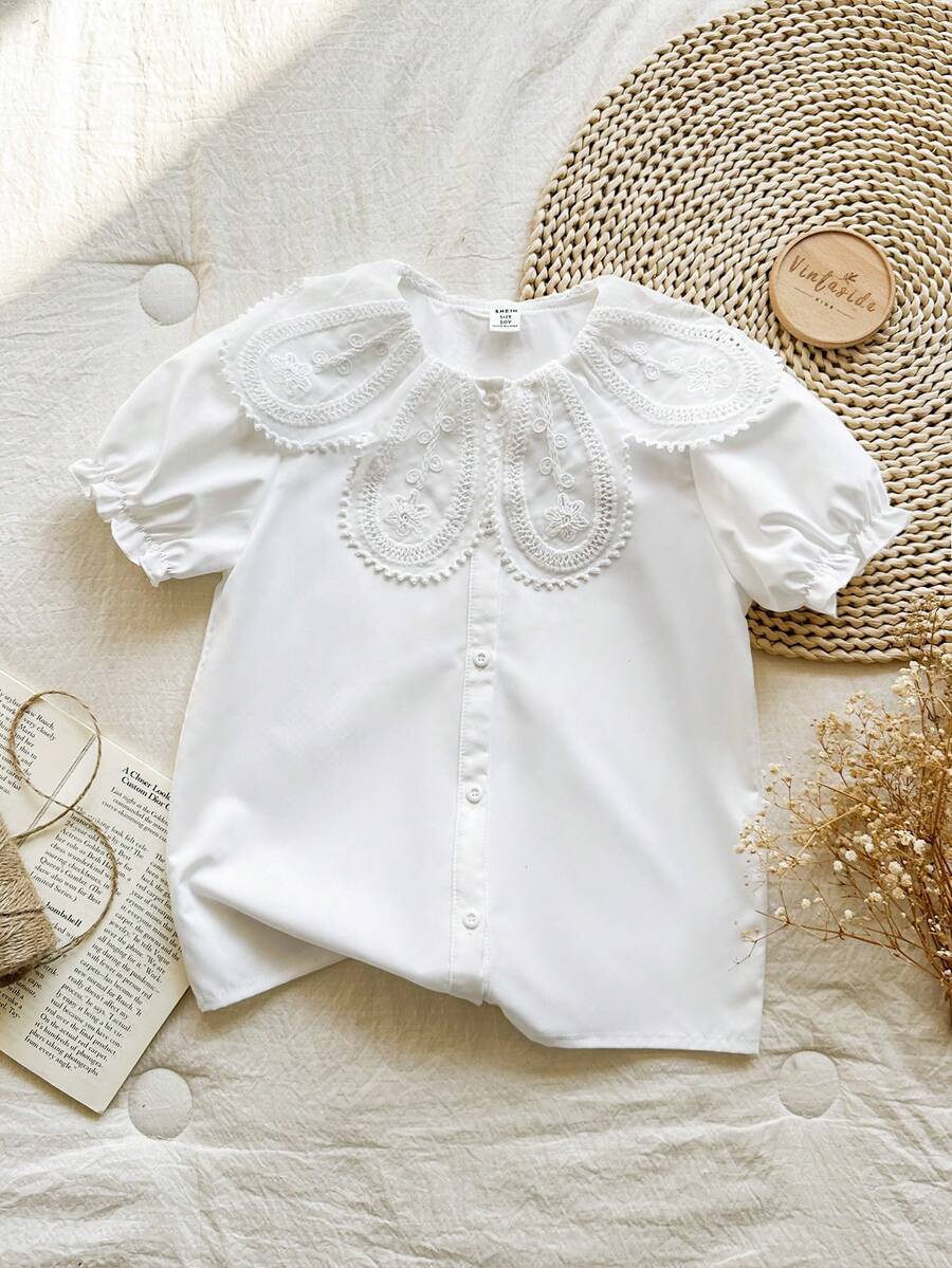 SHEIN Vintaside Kids Girls' White Lace Collar Short Sleeve Blouse, Fashionable Versatile Casual Shirt, Comfortable And Stylish For Daily Wear - White - View 1