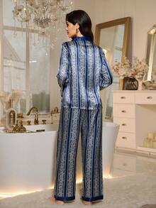 LuxeNights 奢华丝滑缎面女士睡衣套装，秋冬服装 - 藍色 - 查看 3