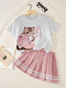SHEIN 2 件套女童休闲可爱卡通猫咪印花圆领短袖上衣和百褶裙套装