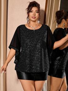 SHEIN CURVE+ Blusa feminina plus size de manga média com gola redonda e detalhes dourados, versátil para uso diário, ideal para festas e eventos. - Preto - Ver 1