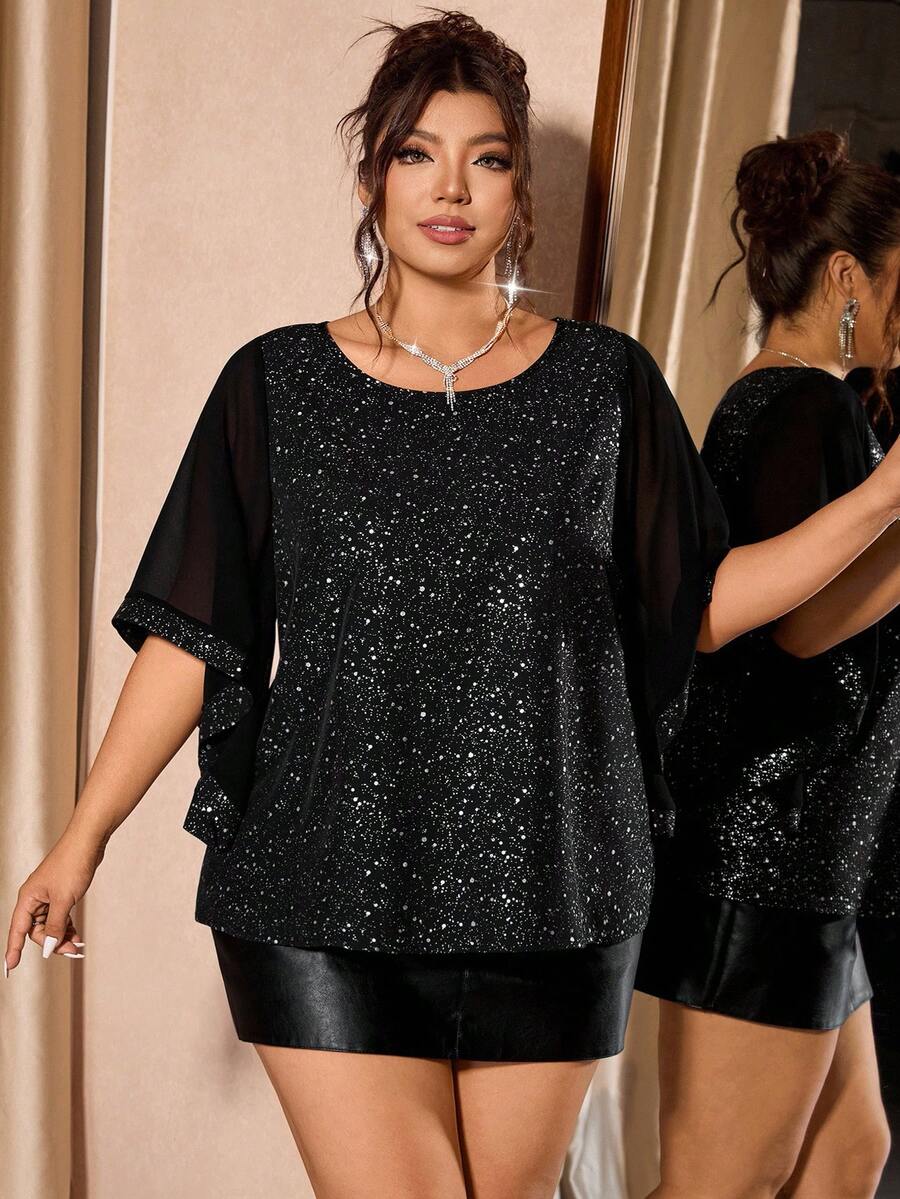 SHEIN CURVE+ Blusa feminina plus size de manga média com gola redonda e detalhes dourados, versátil para uso diário, ideal para festas e eventos. - Preto - Ver 1