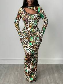 SHEIN BamGlam Vestido largo y sexy de mujer con efecto tie-dye, estampado de leopardo y lentejuelas, con diseño calado - Multicolor - Ver 1