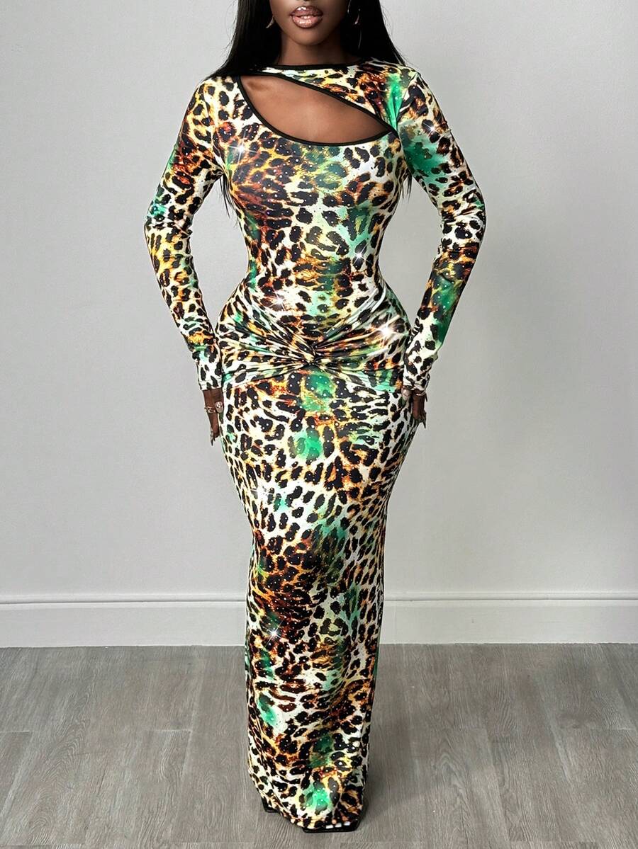 SHEIN BamGlam Vestido largo y sexy de mujer con efecto tie-dye, estampado de leopardo y lentejuelas, con diseño calado - Multicolor - Ver 1