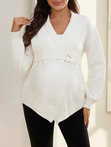 SHEIN Cardigan Rajut Kasual Lengan Panjang Bahu Longgar Warna Polos untuk Ibu Hamil dengan Kancing Tunggal di Pinggang - Krem - View 3