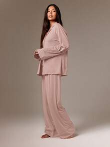 AiiRZ Ensemble de pyjama à boutons doux, haut à manches longues avec col, pantalon à jambes larges. Vêtements de nuit et de détente - Camel - Voir 5