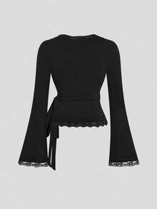 Lyrianda Women's V-Neck Criss-Cross Lace Trim T-Shirt Top, Early Autumn - Black - View 2