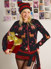 Y2Kool Brenda Ramalho Contrast Color Dachshund & Heart Cartoon Graphic Y2K Streetwear Casual Pullover Sweater Cardigan For Women, Suitable For Autumn/Winter, Party, Christmas, Daily Wear Gyaru Christmas Women Christmas Black Christmas Sweater Cardigan Women Retro 2000s Style - Multicolor - View 2