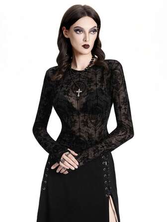 Breakform 女式哥特式暗黑风格植绒网眼圆领长袖修身性感上衣，适合日常外出和节日