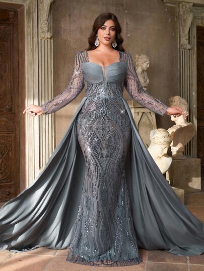 Glamrae Plus Size Elegant Romantic Sweetheart Neck Long Sleeve Sheer Luxury Pearl Splice Taffeta Mermaid Hem With Trailing Sequins Suitable For Formal Dress Party Celebration Gala Dinner (Embellished Design)