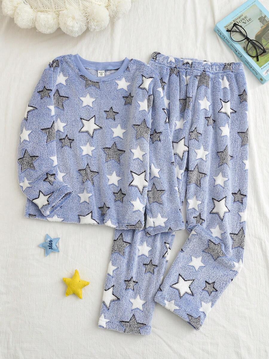 男童休闲足球图案抓绒长袖上衣和长裤家居服套装,舒适柔软面料 - 彩色 - 查看 1