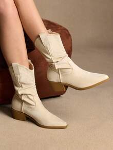 Rosivie Damen Retro Western Stil Plateau Knöchel Stiefel - Aprikosenfarben - Übersicht 6