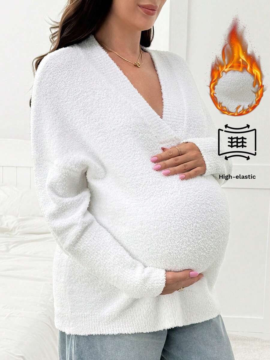 SHEIN Maternity Solid Color Minimalist V-Neck Long Sleeve Sweater, Everyday Smart Casual White Autumn Women Sweater Fall Winter - White - View 1