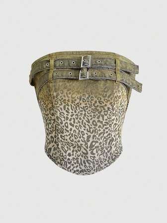 J-Fashion Top de mezclilla con estampado de leopardo y lámina de oro estilo Gyaru de Shibuya Y2K para mujeres