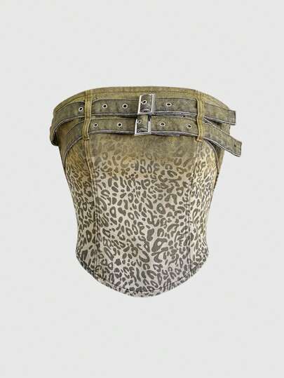 J-Fashion Y2K Shibuya Gyaru Millennium Leopard Print Gold Foil Denim Top For Women