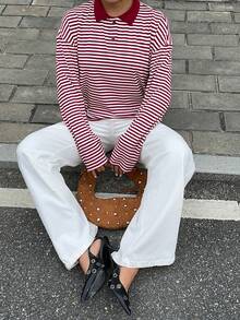 Siren Gaze 女士条纹 Polo 领落肩长袖休闲宽松 T 恤，适合冬季、圣诞节和新年穿着，红色上衣 - 彩色 - 查看 5