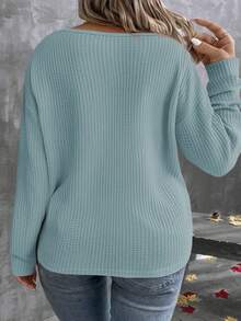 EMERY ROSE Women's V-Neck Layered Neon Color Long Sleeve Plus Size T-Shirt, Autumn/Winter - Mint Blue - View 2