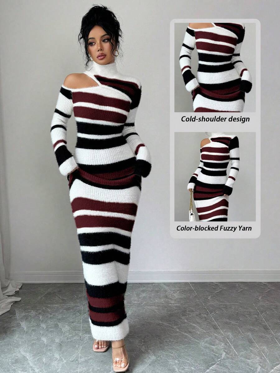 SHEIN Elenzya Elegant Casual Multi-Color Striped Turtleneck Waist Fitted Knit Sweater Dress For Women, Suitable For Commuting, Autumn/Winter - Burgundy - View 1