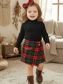 LMoss Kids Bộ đồ 2 món cho bé gái LMoss: Áo thun dài tay cổ đứng màu trơn và quần váy kẻ caro, thích hợp cho Giáng sinh, quần áo bé gái, phong cách ấm áp mùa thu đông. - Nhiều màu - Xem 8