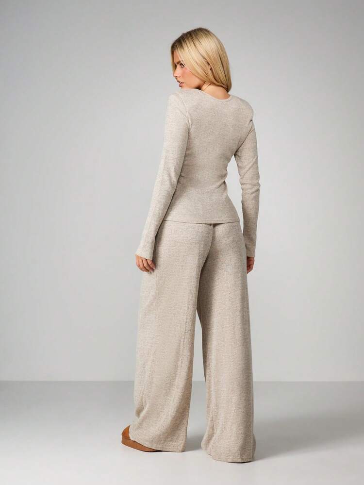 MISSGUIDED Women Knit Two Piece Set Shoulder Pad Long Sleeve Top Wide Leg Trousers Lounge Coordinated Outfit