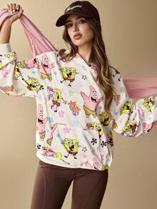 SpongeBob SquarePants | SHEIN Women's Cartoon & Floral Pattern Hooded Long Sleeve Pullover Sweatshirt