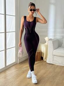 SHEIN Sports Nahtloser Damen-Jumpsuit mit offenem Rücken, sexy, figurbetonter Body, formt Rücken und Po, Yoga-Jumpsuit mit Kompressionswirkung, nahtloser Workout-Jumpsuit