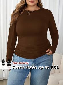 SHEIN CURVE+ 加大码冬季加厚圆领修身长袖保暖T恤，休闲日常假日穿着 - 棕色 - 查看 4