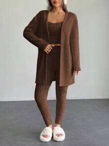 SHEIN PETITE 女士落肩长袖罗纹开衫毛衣背心和裤子套装 - 咖啡棕 - 查看 6