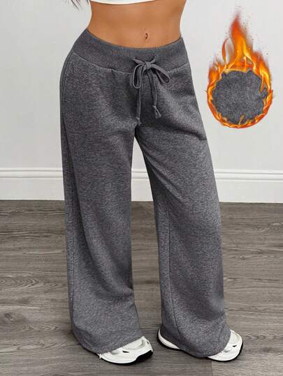 SHEIN Tall Pantalones deportivos de mujer de cintura baja, pierna ancha, de punto liso, cómodos y casuales, con forro polar para mantener el calor en otoño e invierno