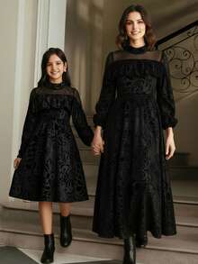 SHEIN 1 pezzo Abito elegante da ragazza in in rete e velluto, per primavera/autunno - nero - Visualizzare 4