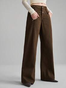 Ontre 女士秋冬休闲宽松直筒牛仔裤，带口袋，百搭实用，适合都市通勤，简约时尚。 - 棕色 - 查看 5