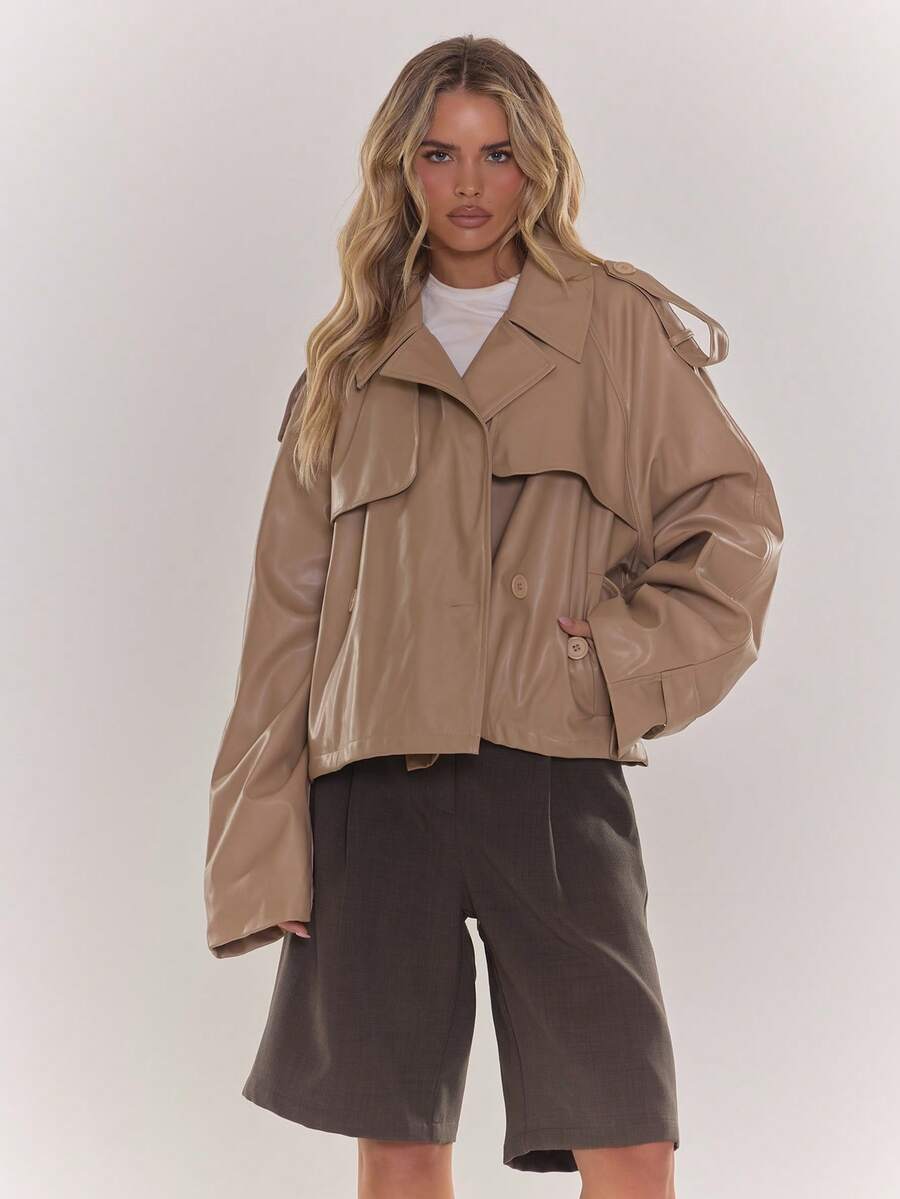 MUSERA PU仿皮夹克外套，腰部系带，口袋细节，短款风衣风格，休闲日常冬季外套 - 杏色 - 查看 1