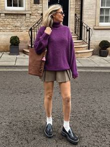 Vivie Lora Women's Loose Fit Stand Collar Soft & Comfortable Purple Sweater - Purple - View 3