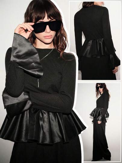 Lumivelle 2025秋季新款圆领泡泡袖拼接婚纱缎面长袖T恤女，收腰，圆领拼接上衣，初秋黑色泡泡袖设计收腰长袖荷叶边下摆上衣，风拼接泡泡袖下摆圆领长袖优雅芭蕾风格秋冬大气上衣