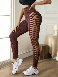 Slayform Fashionable Sexy Leopard Print Hollow-Out Sports Leggings Leggings No Scrunch Sexy Leggings Women Animal Print Workout Leggings - Rust Brown - View 1