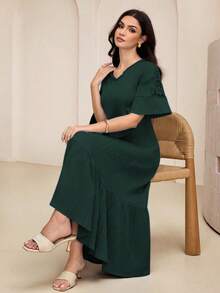 Lacomfia Gaun Midi A-Line Berlipit Leher V Terbaru 2025 untuk Wanita, Musim Panas - Dark Green - View 1